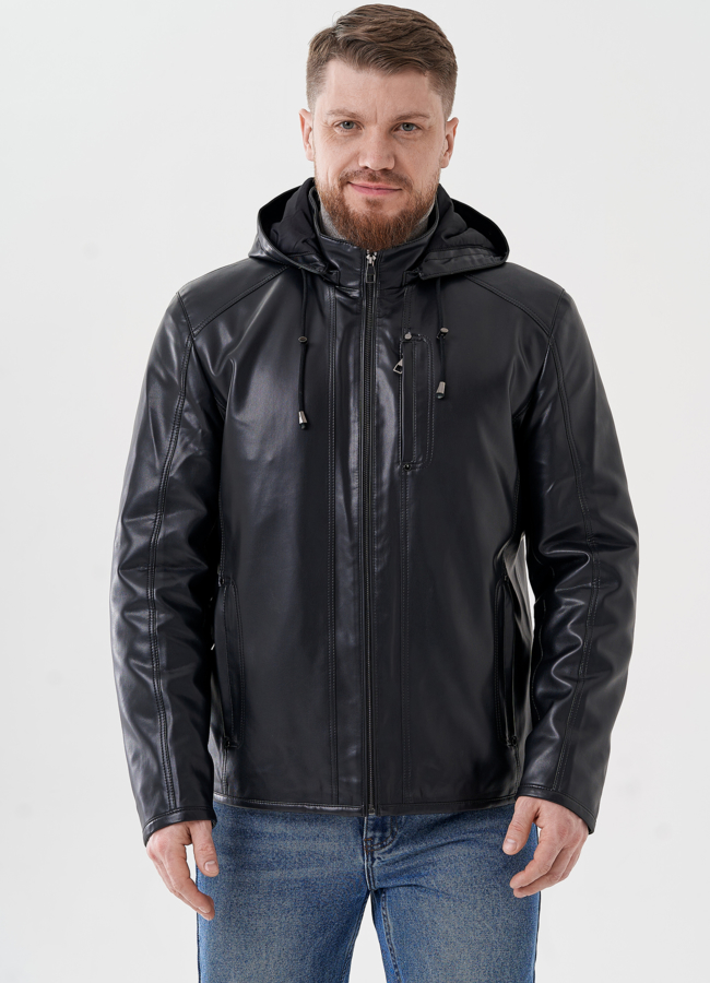 Мужская куртка из эко кожи с капюшоном  модель № 24463 меха малина