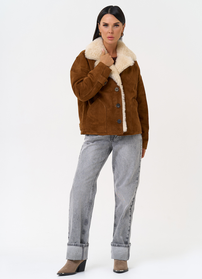 фото Пуховик из натуральной замши с мехом модель № 31409