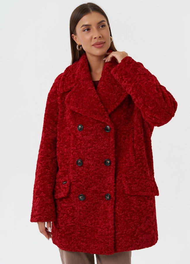Яркое двубортное пальто с английским воротником модель № 28312 меха малина