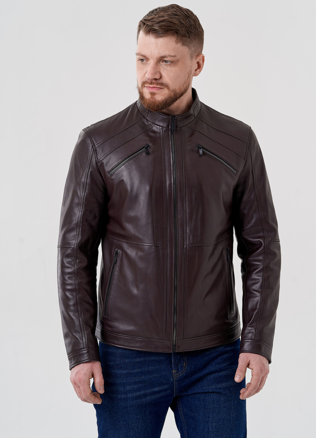 Мужская кожаная куртка  модель № 24400 меха малина
