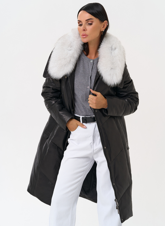 Длинный пуховик из натуральной кожи