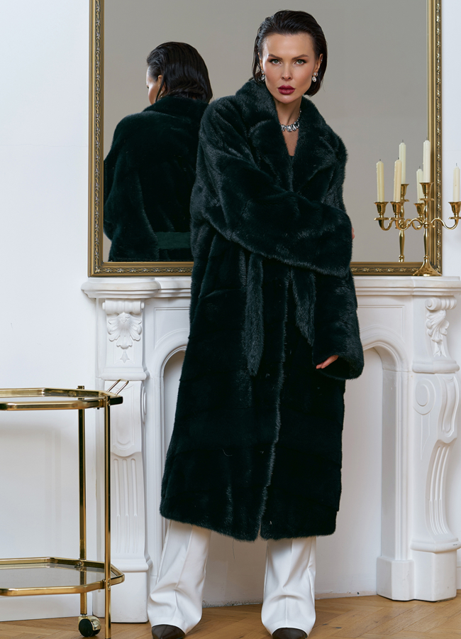 Зеленая шуба из норки модель № 31872 меха малина