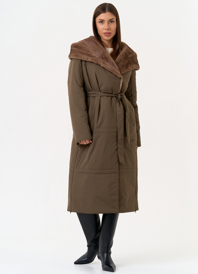 Женское пальто с капюшоном из эко меха под норку модель № 31606 меха малина