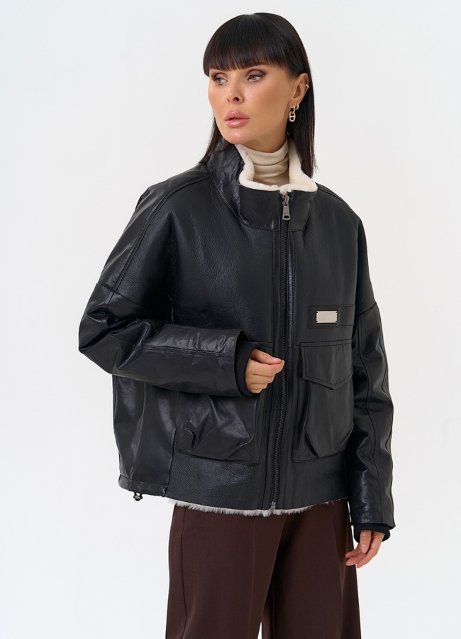 Женский пуховик из натуральной кожи с отделкой из овчины модель № 28577 универмаг малина