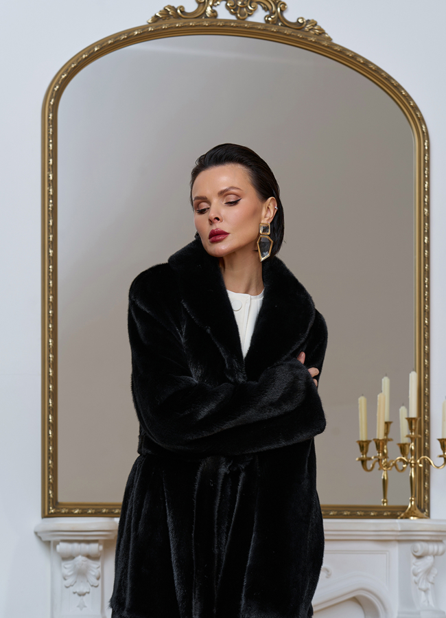 Длинная шуба из меха норки с воротником шаль модель № 32046 универмаг малина