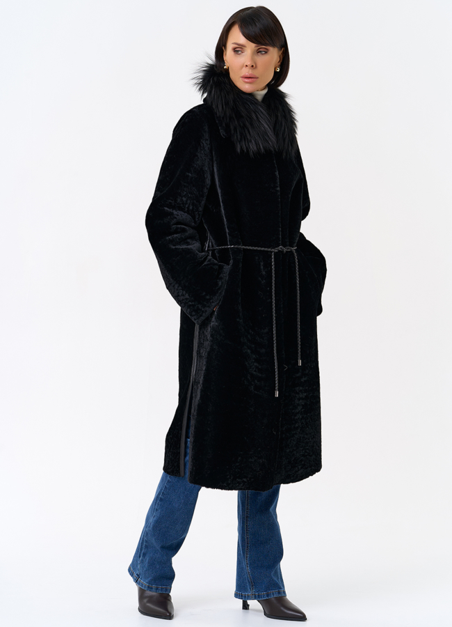 Женская двухстороняя дубленка с воротником из меха чернобурой лисы модель № 31932 в кредит