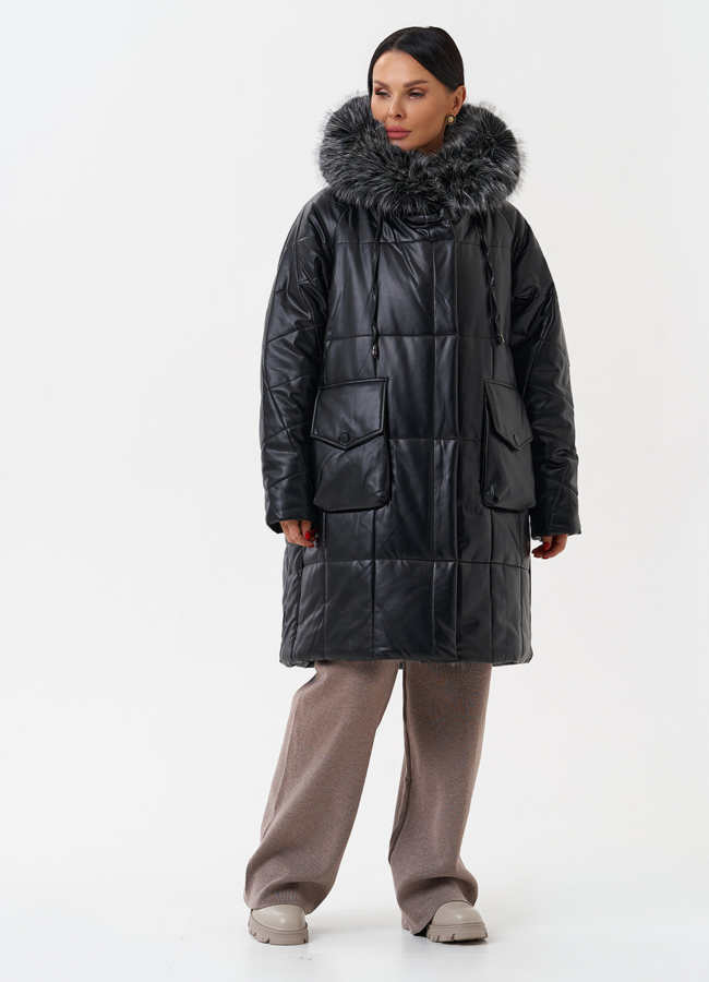 Пуховик из эко кожи с капюшоном из эко меха  модель № 27708 универмаг малина