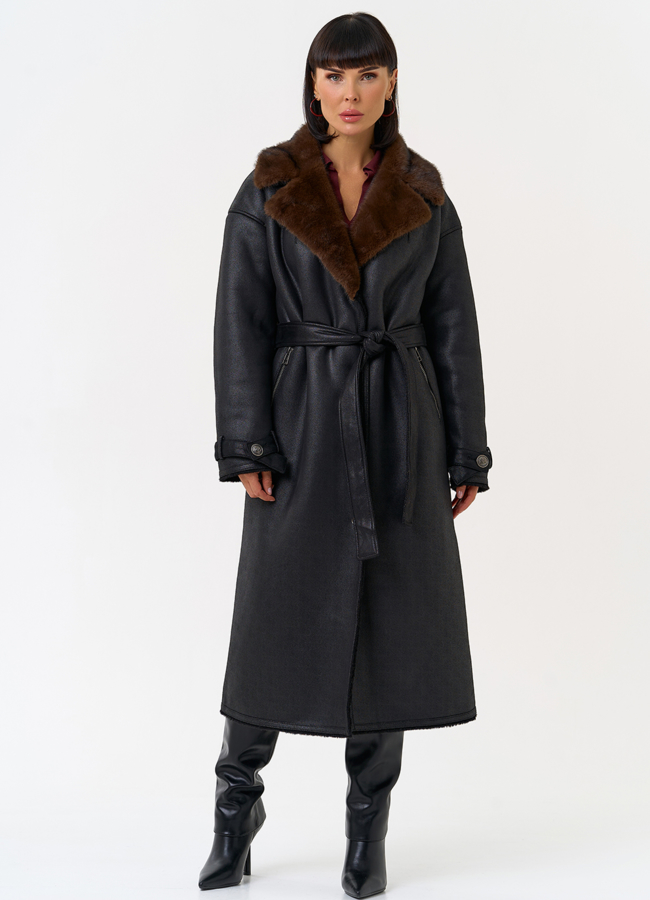 фото Женская дубленка из эко замши с английским воротником модель № 31507