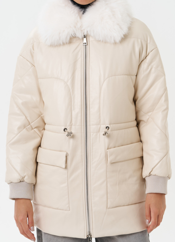 Пуховик из эко кожи с мехом песца