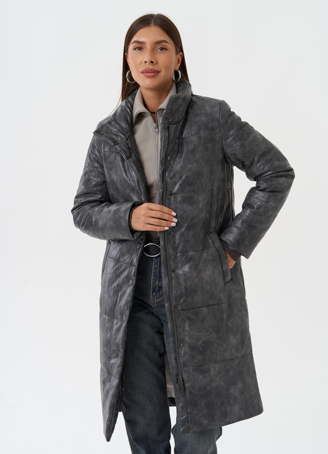 Пуховик из эко кожи с поясом модель № 28513 универмаг малина