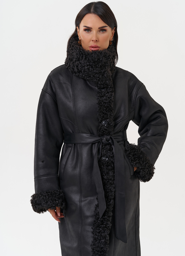 Женская дубленка из эко замши с поясом модель № 31280 универмаг малина