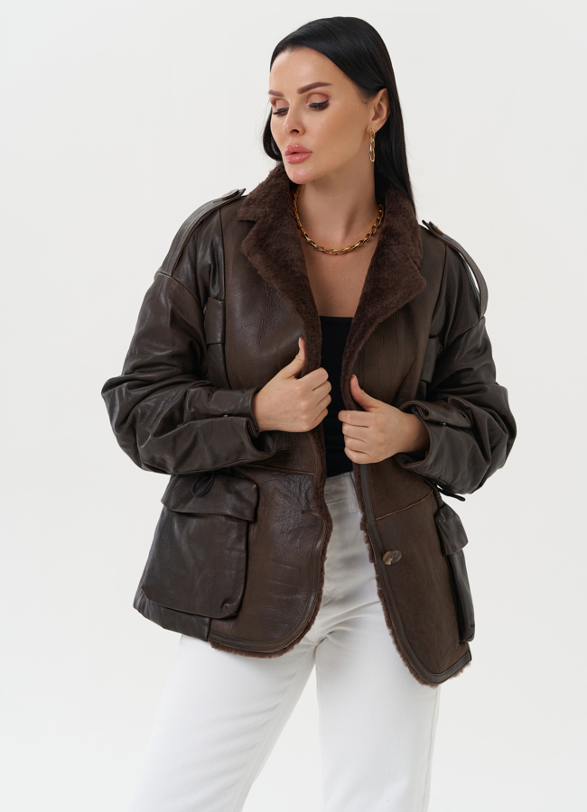 Комбинированная куртка из натуральной кожи и овчины модель № 28119 универмаг малина