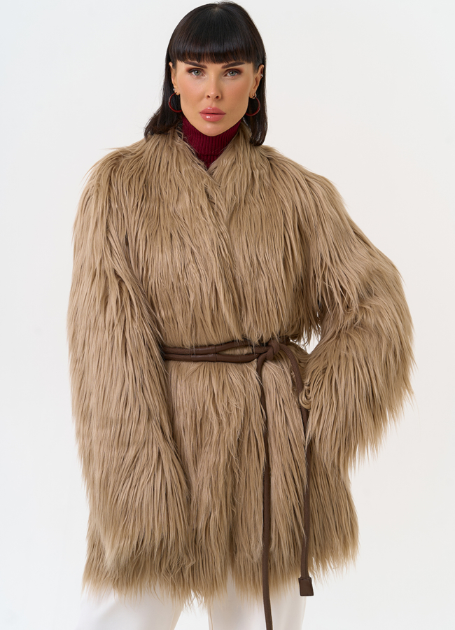 Женская шуба из эко меха с декоративным поясом модель № 31532 меха малина