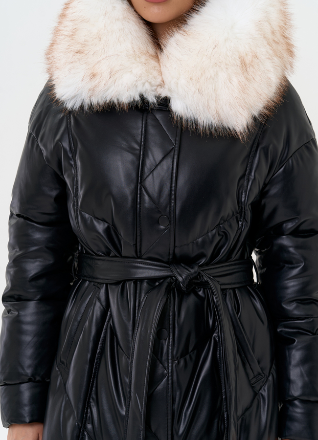 Женский пуховик из эко кожи с отделкой из эко меха модель № 30735 универмаг малина