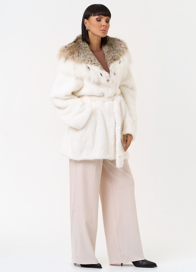 Женская шуба из меха норки с капюшоном из меха рыси модель № 31375 универмаг малина