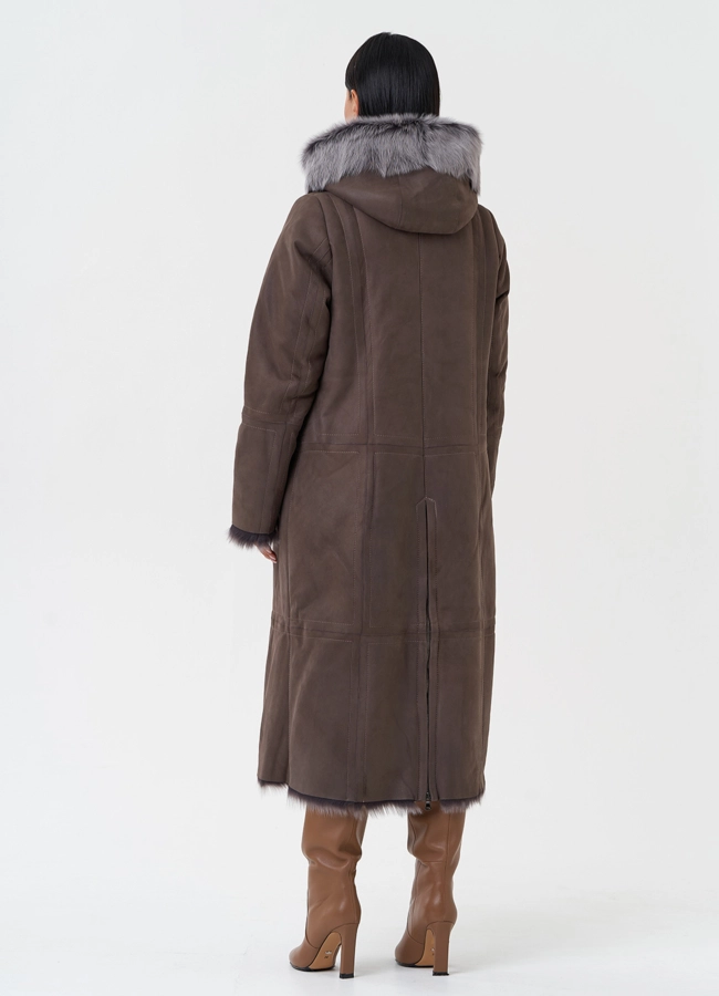 Дубленка с отделкой из тосканы с капюшоном модель № 28954 универмаг малина