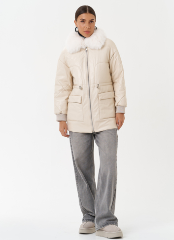 Пуховик из эко кожи с мехом песца