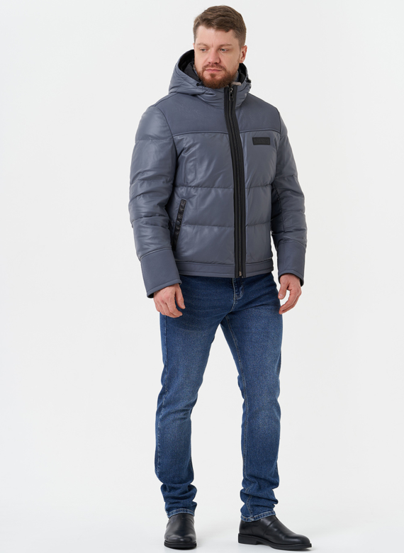 Пуховик из натуральной кожи с капюшоном