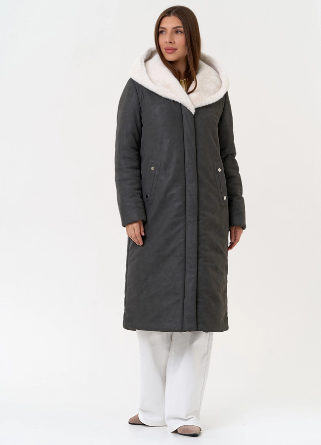 Пуховик из эко кожи с капюшоном из эко меха модель № 27733 универмаг малина