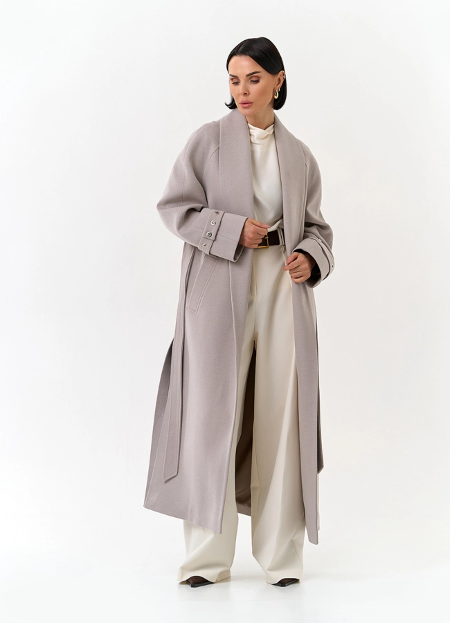 Женское длинное пальто с поясом модель № 32852 универмаг малина