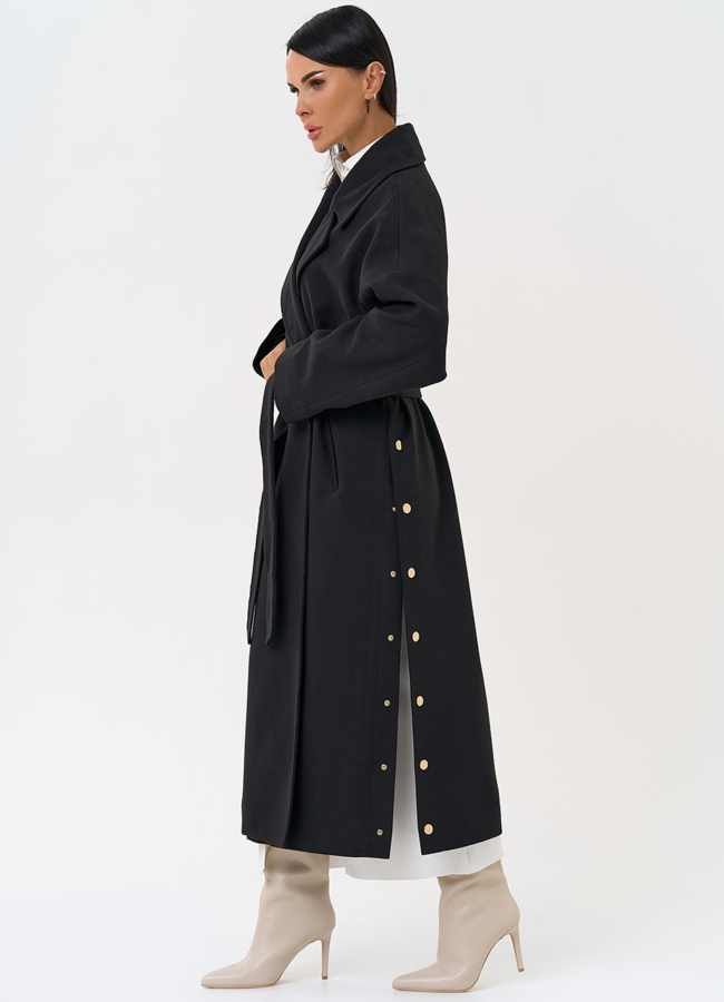 фото Женское пальто черного цвета с функциональными кнопками модель № 31408